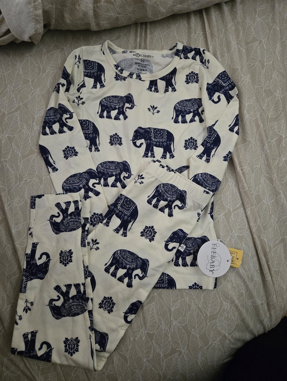 NWT ELEBABY Bamboo Navy Elephant Print Kids Pajamas 5T